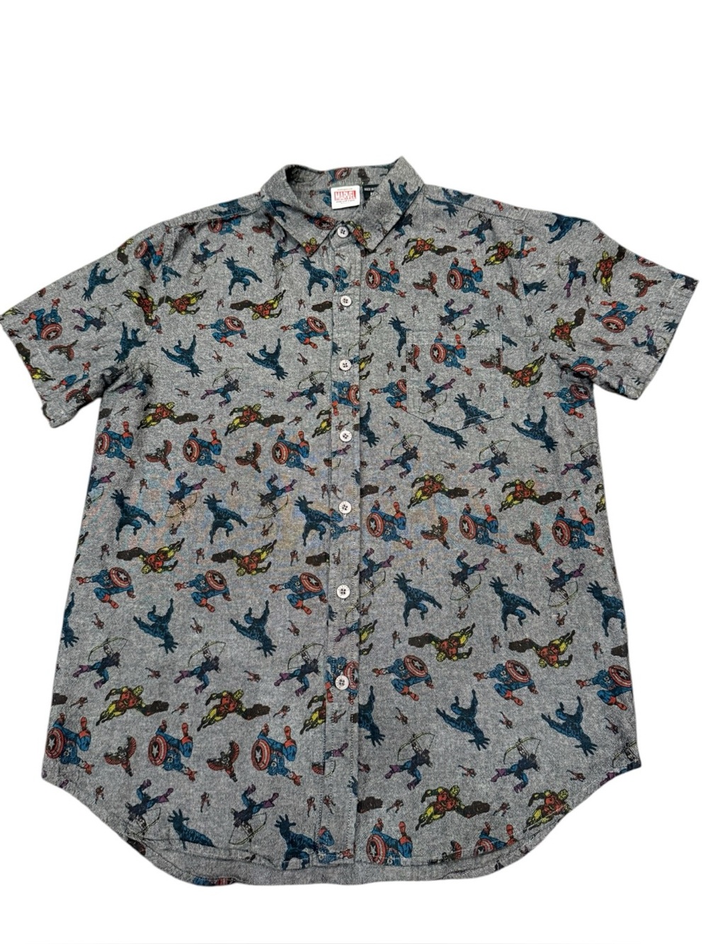 Marvel Avengers Gray All Over Print Button Up Shirt Men’s Medium
